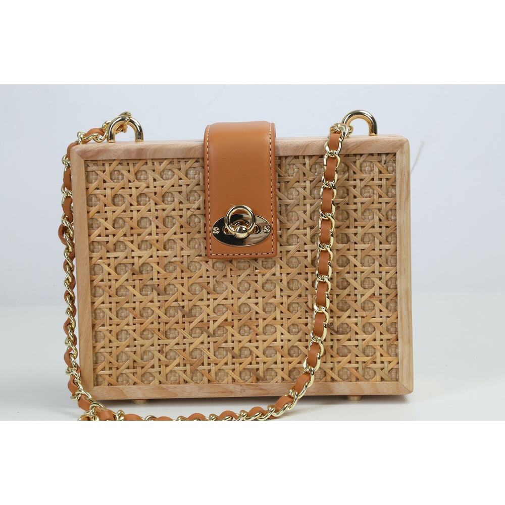 J.McLaughlin Eugenie Raffia Crossbody Handbag Structured Wooden Box Bag Tan